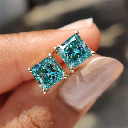 Cyan Blue Princess Cut Moissanite Earrings