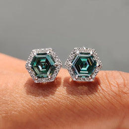 Cyan Blue Hexagon Step Cut Earrings In Halo Style