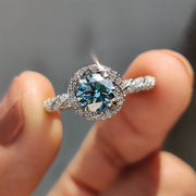 Cyan Blue Round Cut Halo Ring