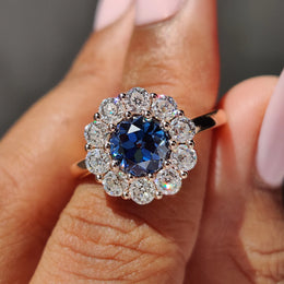 Blue Round Old European Cut Ring In Cluster Halo Design