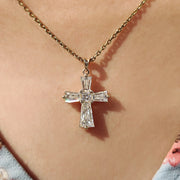 Gold Cross Pendant With Tapered Baguette Setting