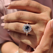 Blue Round Old European Cut Ring In Cluster Halo Design