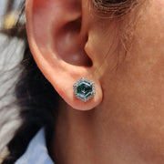 Cyan Blue Hexagon Step Cut Earrings In Halo Style