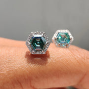 Cyan Blue Hexagon Step Cut Earrings In Halo Style