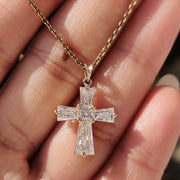 Gold Cross Pendant With Tapered Baguette Setting