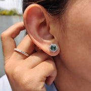 Cyan Blue Hexagon Step Cut Earrings In Halo Style