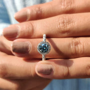 Cyan Blue Round Cut Halo Ring