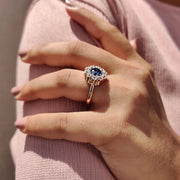 Blue Round Old European Cut Ring In Cluster Halo Design