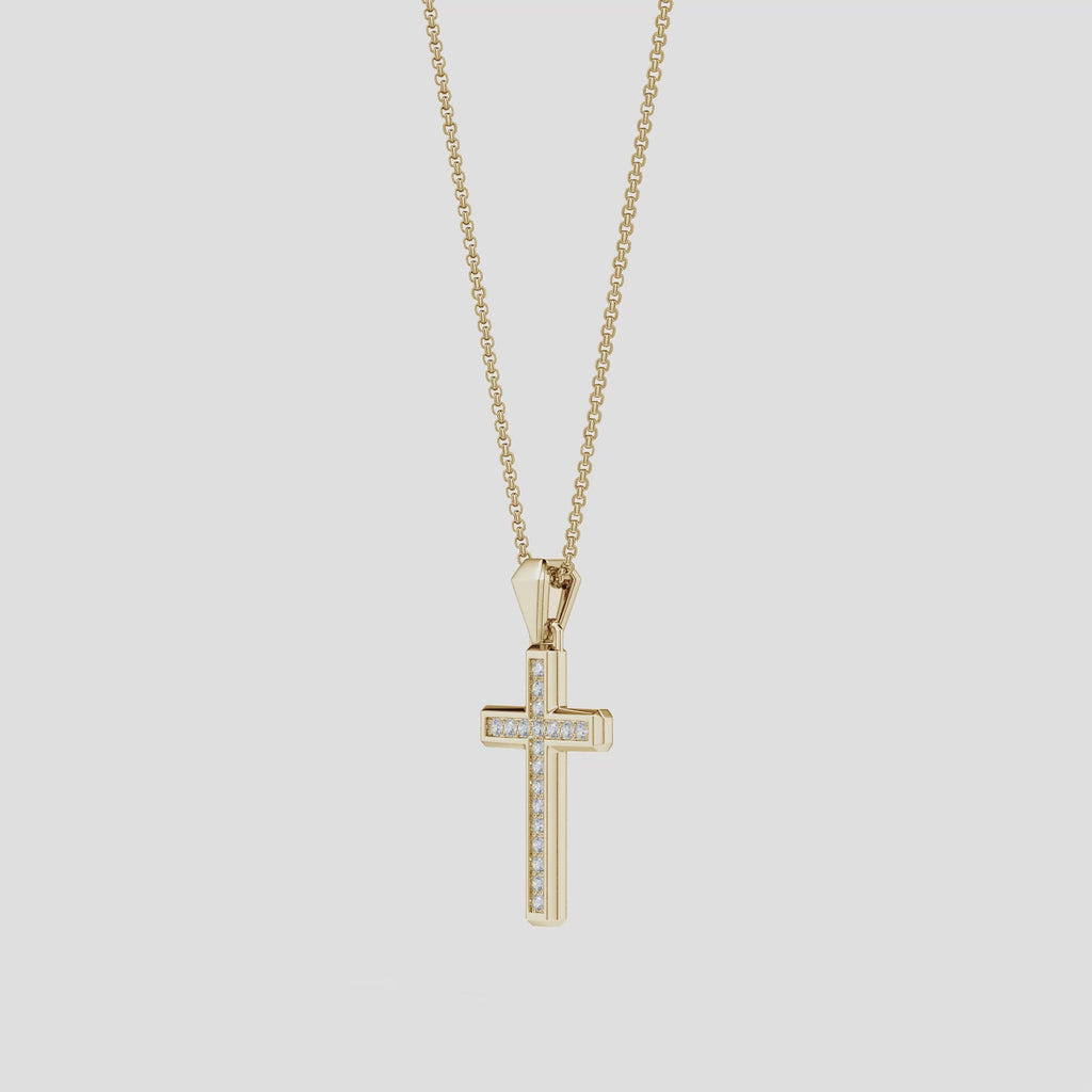 Pave-Set Lab-Grown Diamond Men's Cross Pendant suspended on a gold chain, showcasing a radiant design.